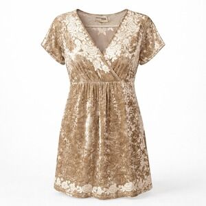 Savanna Jane Champagne Crushed Velvet Floral Embroidered Tunic Dress Size L